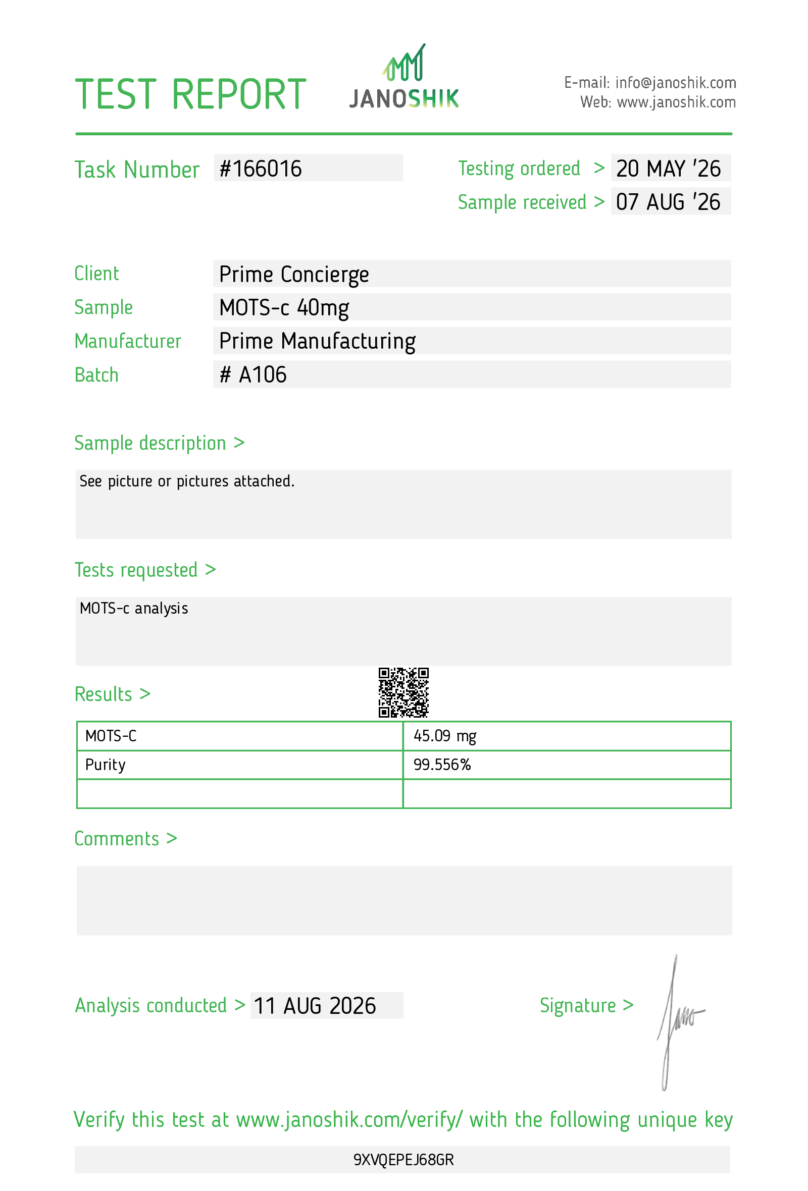 Janoshik report 166016, MOTS-c 40mg, Content and purity